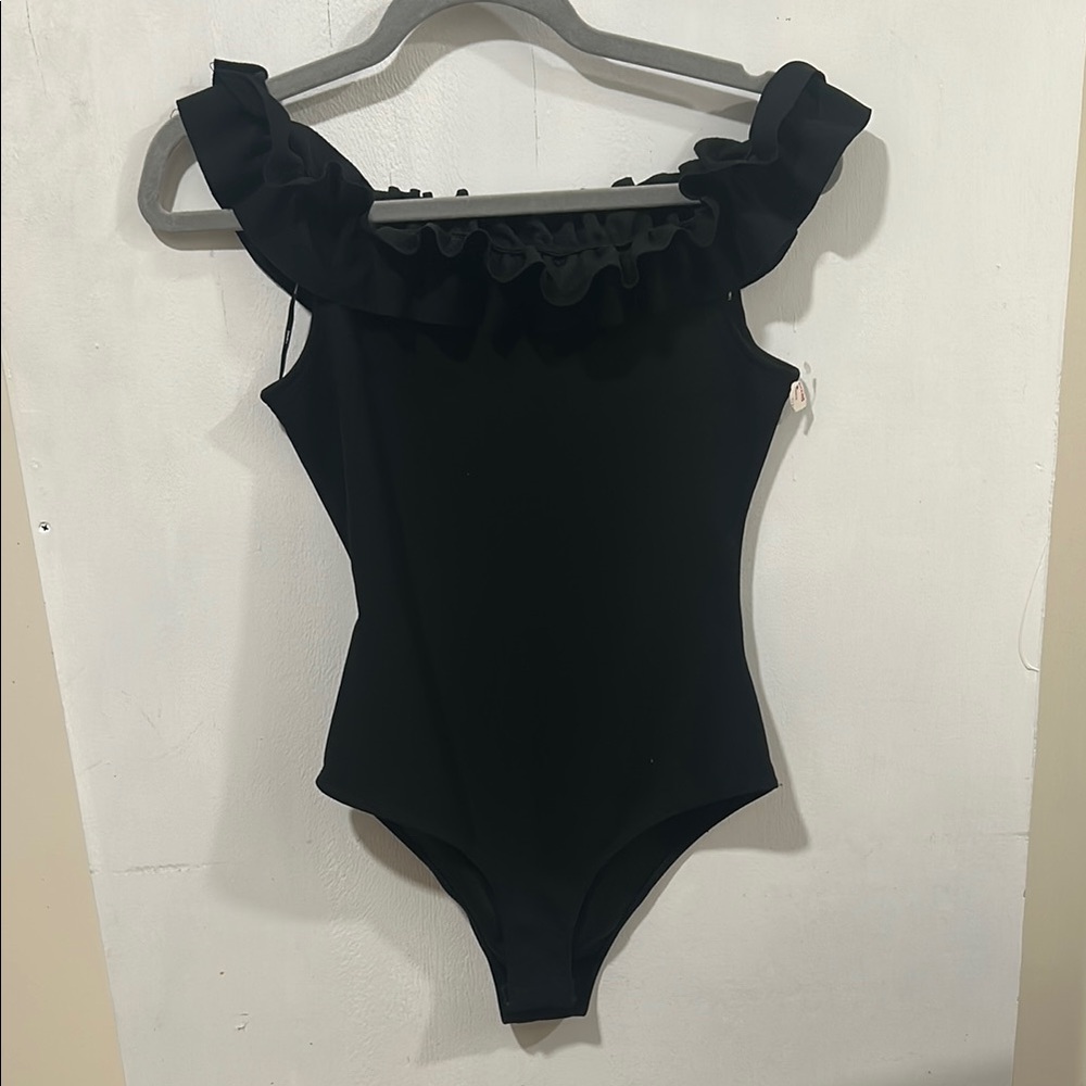 Black Ruffled Off-Shoulder Bodysuit